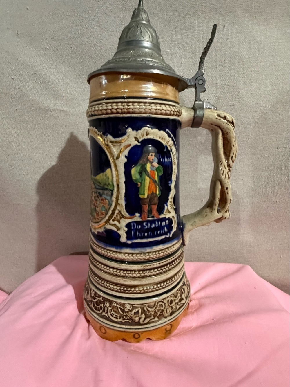 Vintage Hand-Painted Ceramic Beer Stein in Blue and Tan